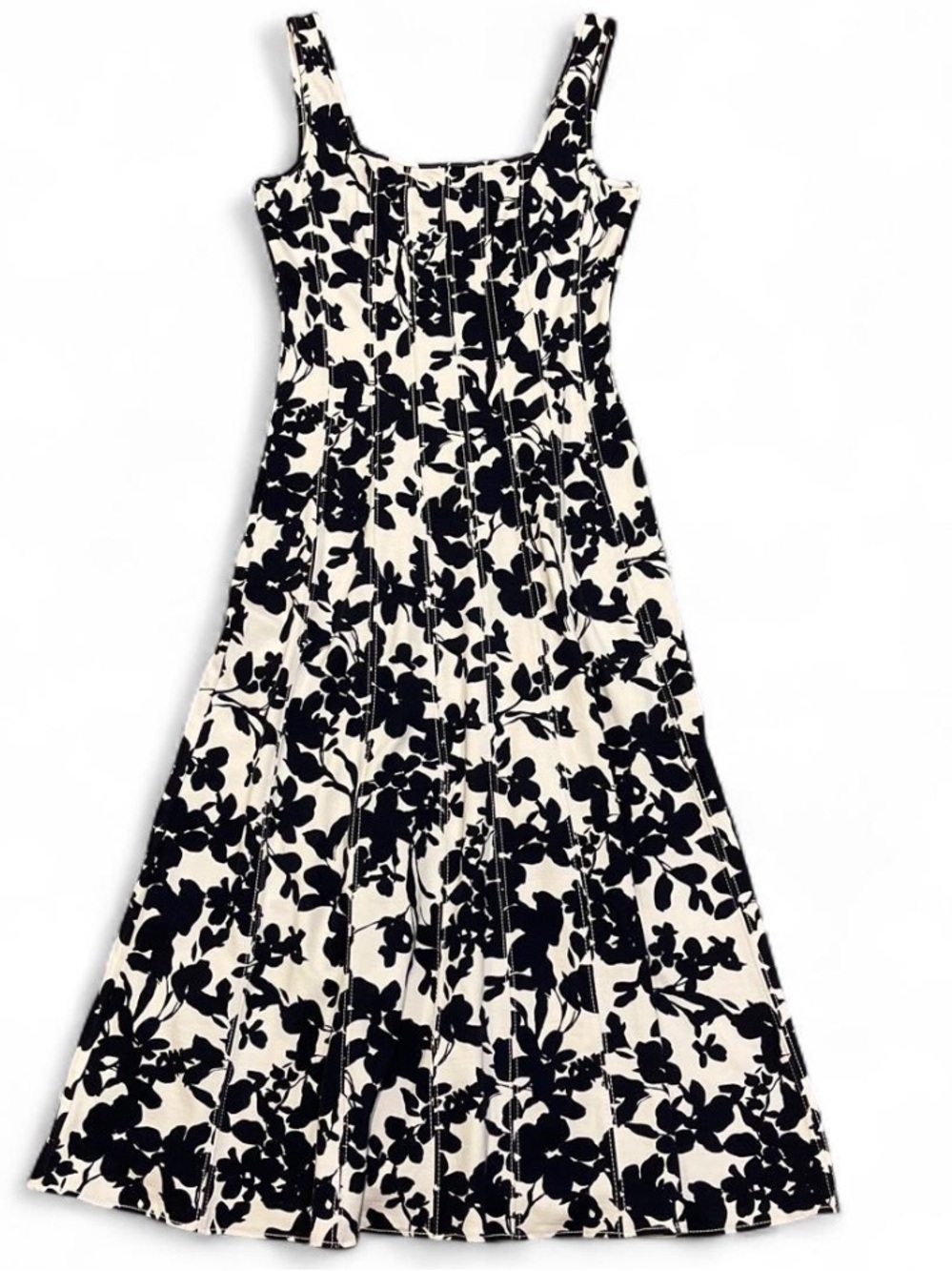 LOFT Pleated Black & Cream Floral Square-Neck Dress